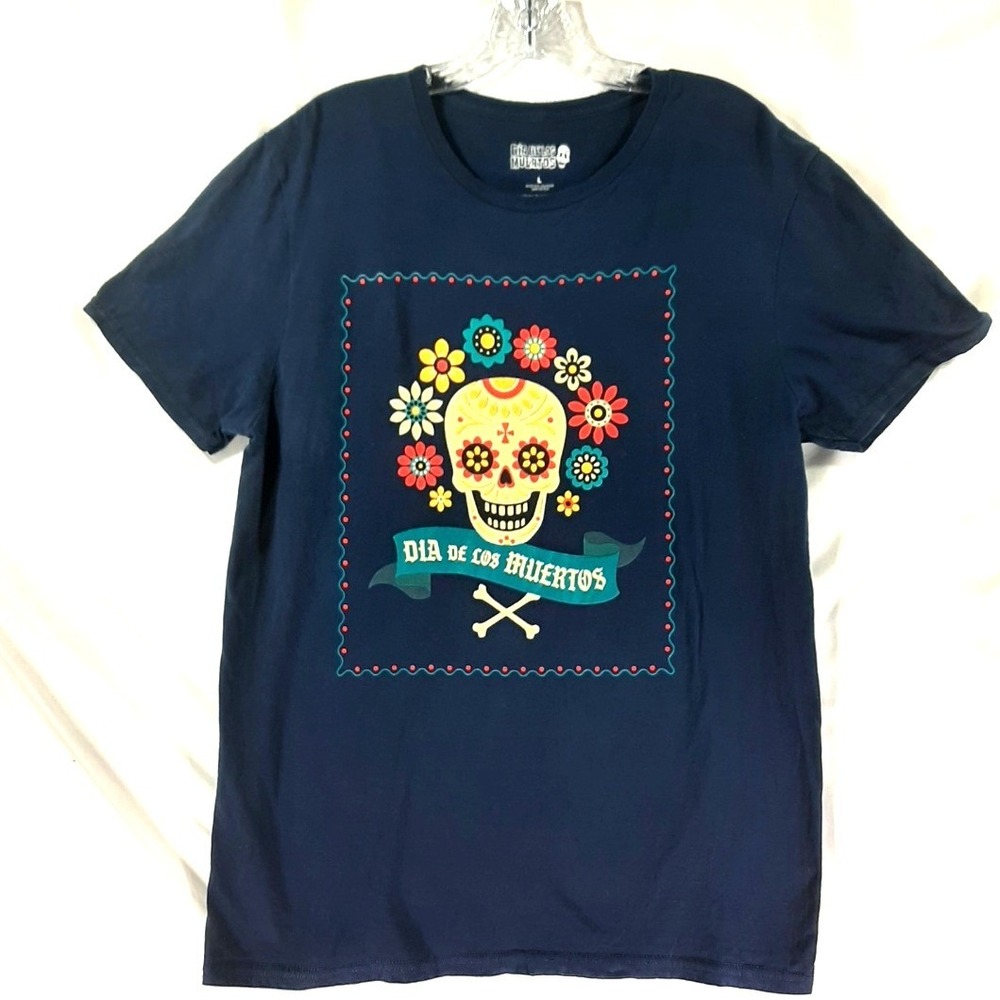 Dia De Los‎ Muertos Sugar Skull Graphic T-Shirt Navy Blue Mens Large Cotton